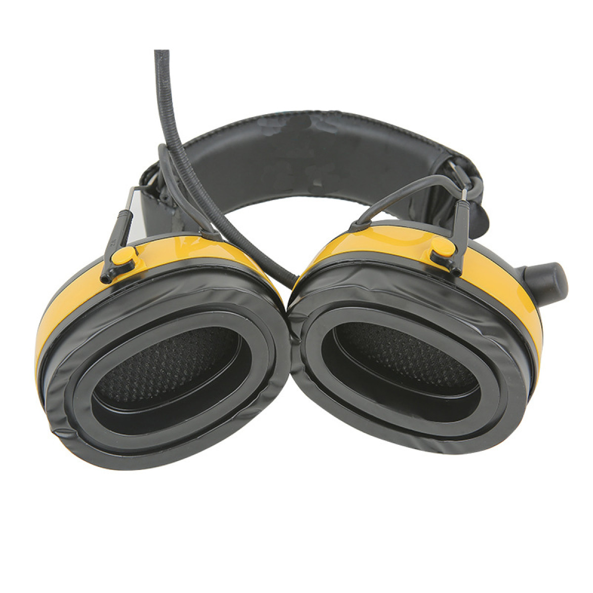 Żółto-czarne słuchawki ochronne z przewodem łączącym, na białym tle.