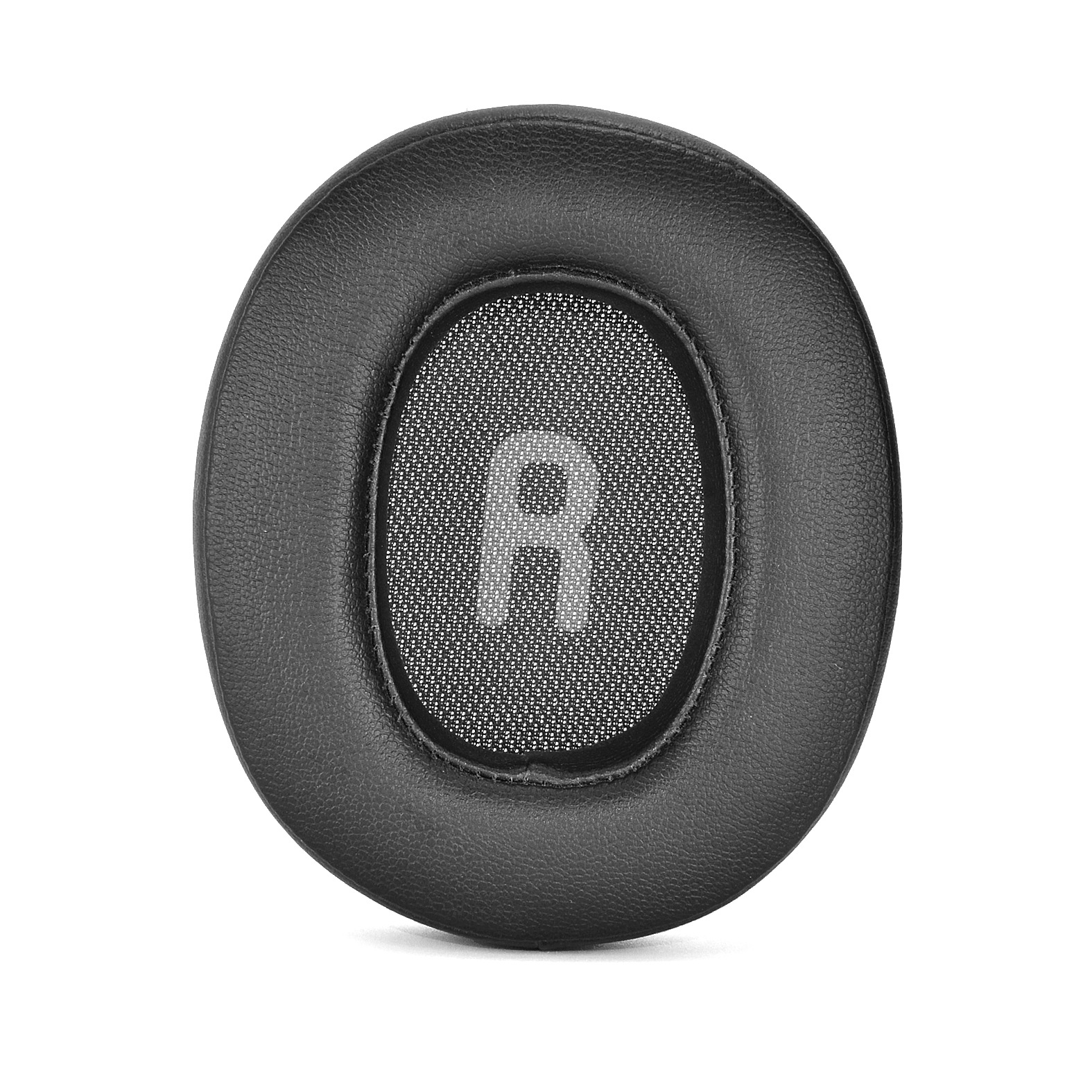 Czarna poduszka do słuchawek z siatkowym środkiem. Białe „R” znajduje się w siatce.