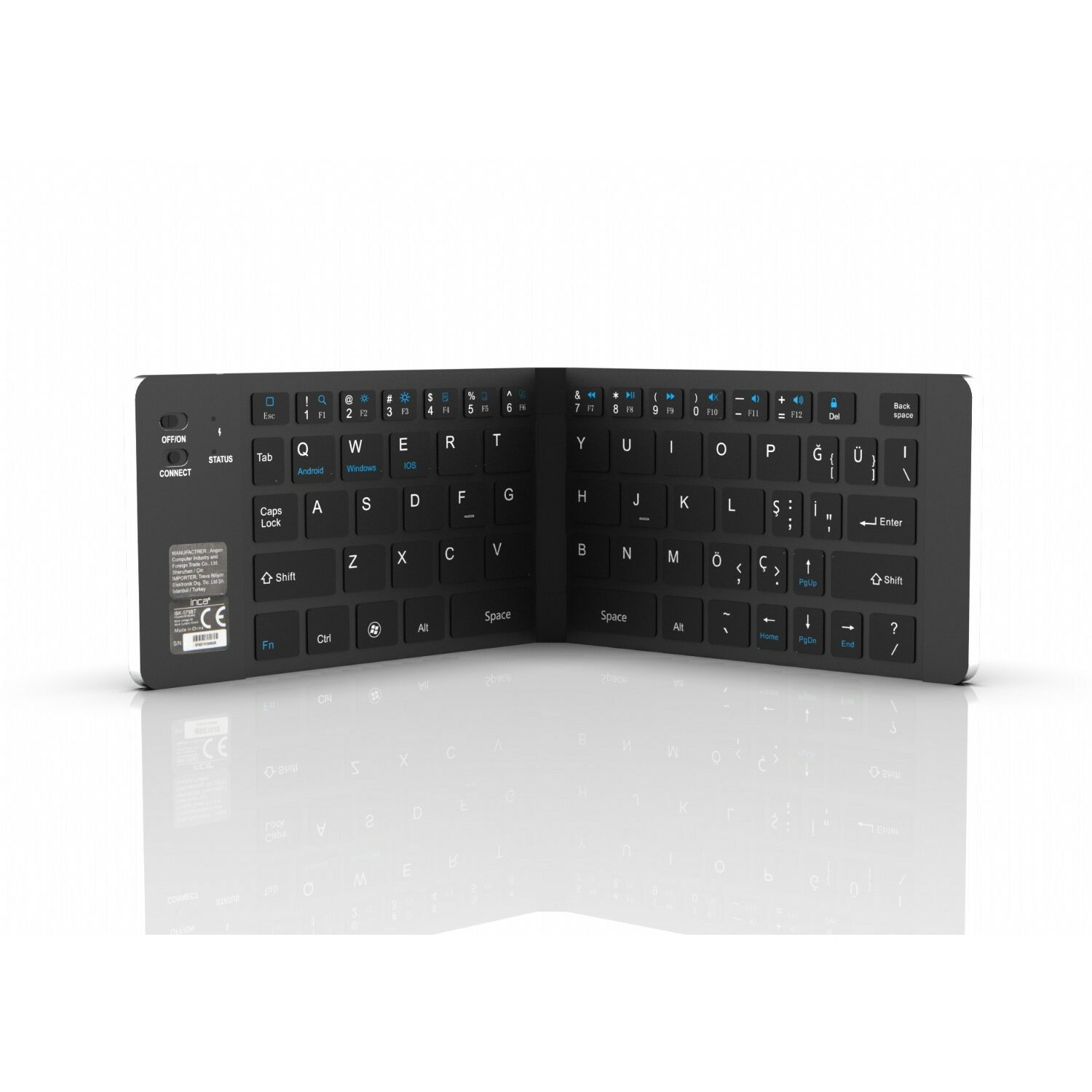 Eine schwarze, faltbare Tastatur mit weißen Tasten. Sie hat ein schlankes, kompaktes Design für die Portabilität.
