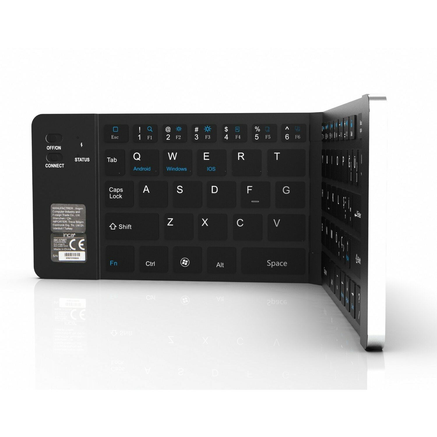 Schwarze, faltbare Tastatur mit Tasten, die Buchstaben und Symbole zeigen, und einer Verbindungstaste.
