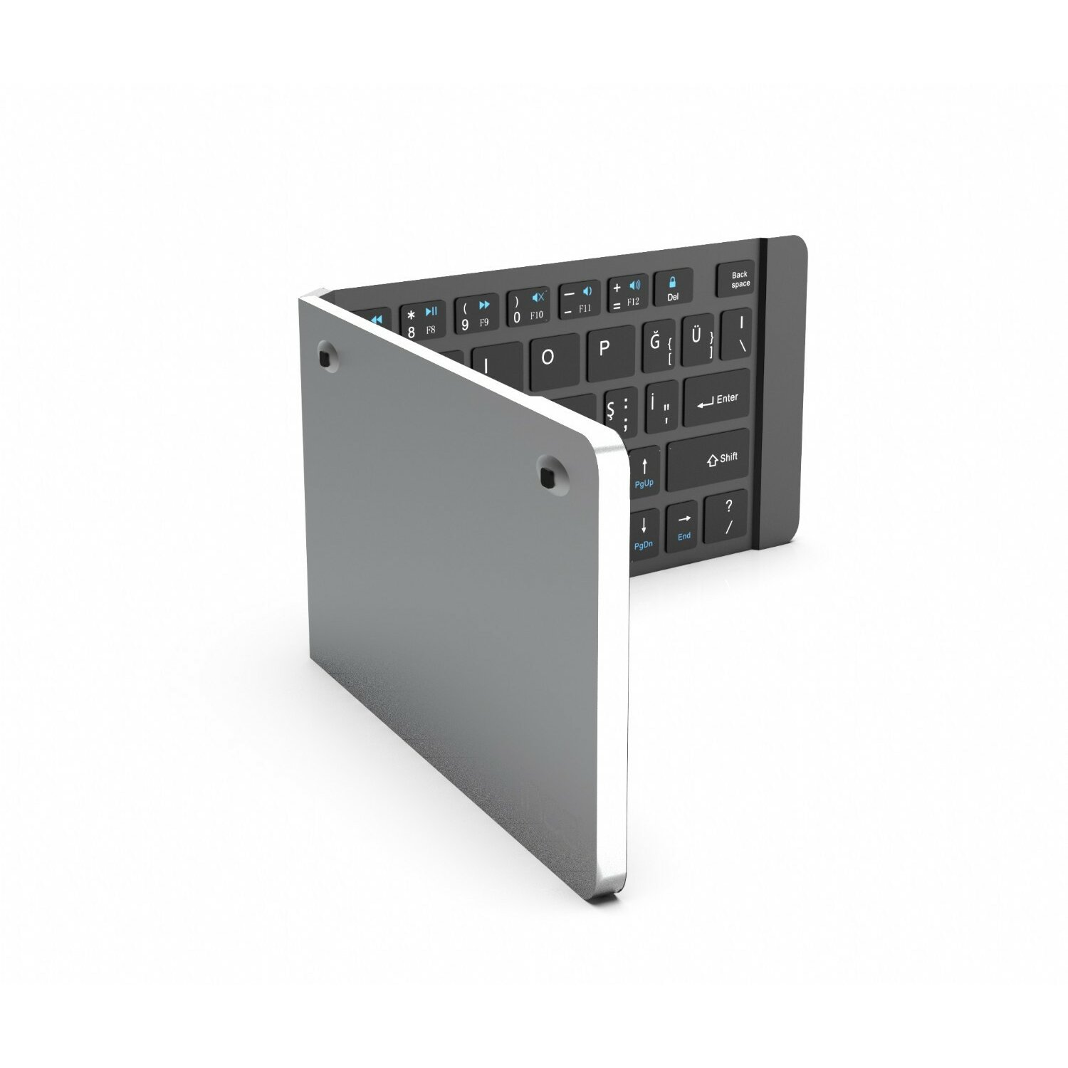 Silberne, faltbare Tastatur, offen und abgewinkelt. Schwarze Tasten mit weißen Buchstaben.