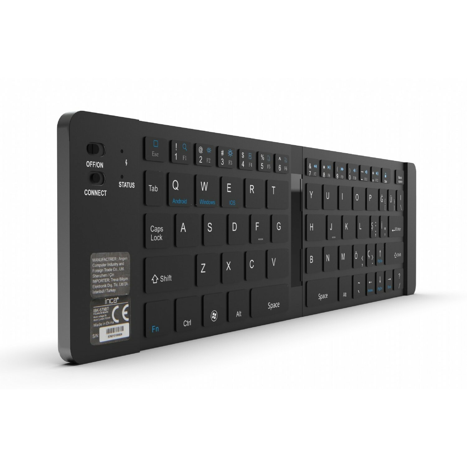 Schwarze kabellose Tastatur mit Tasten. Text auf der Tastatur. Weißer Hintergrund.