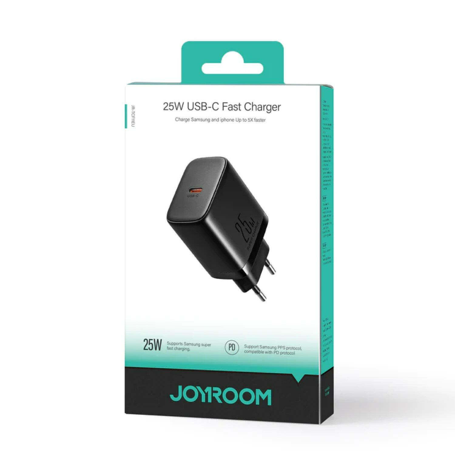 Eine Produktverpackung für ein 25W USB-C Schnellladegerät. Die Box ist grün und enthält das Produkt.
