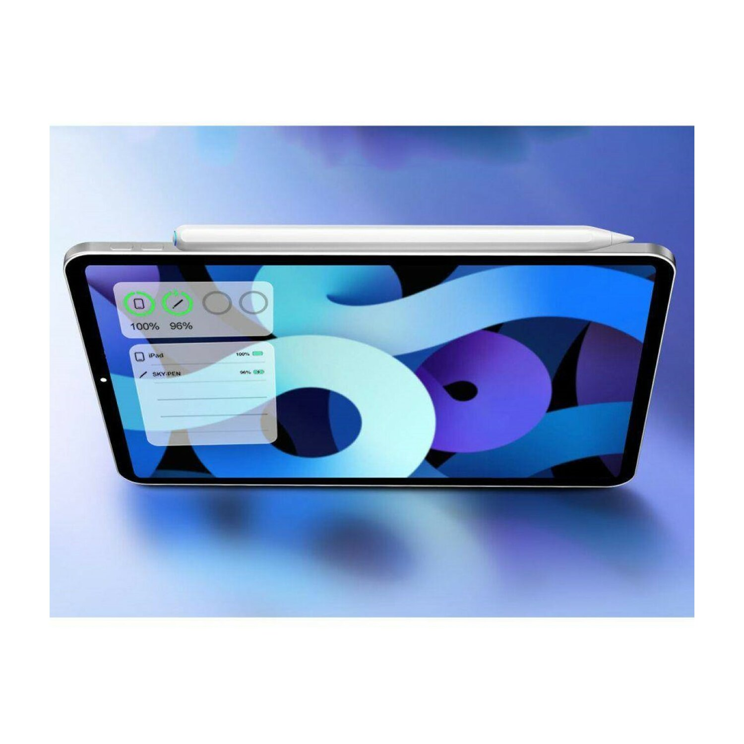 iPad mit Stift oben, mit Akkuanzeigen auf dem Bildschirm. Der Bildschirm ist blau.