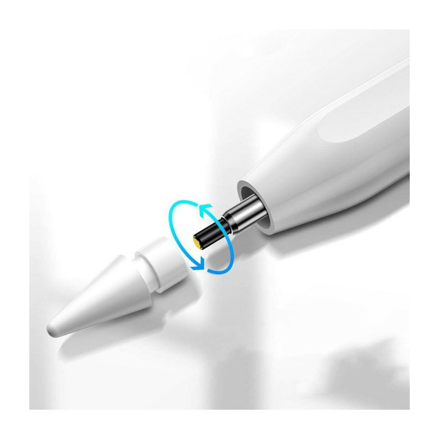 Weißer Stift mit einer Spitze, die befestigt wird, zeigt eine Pfeilgrafik.