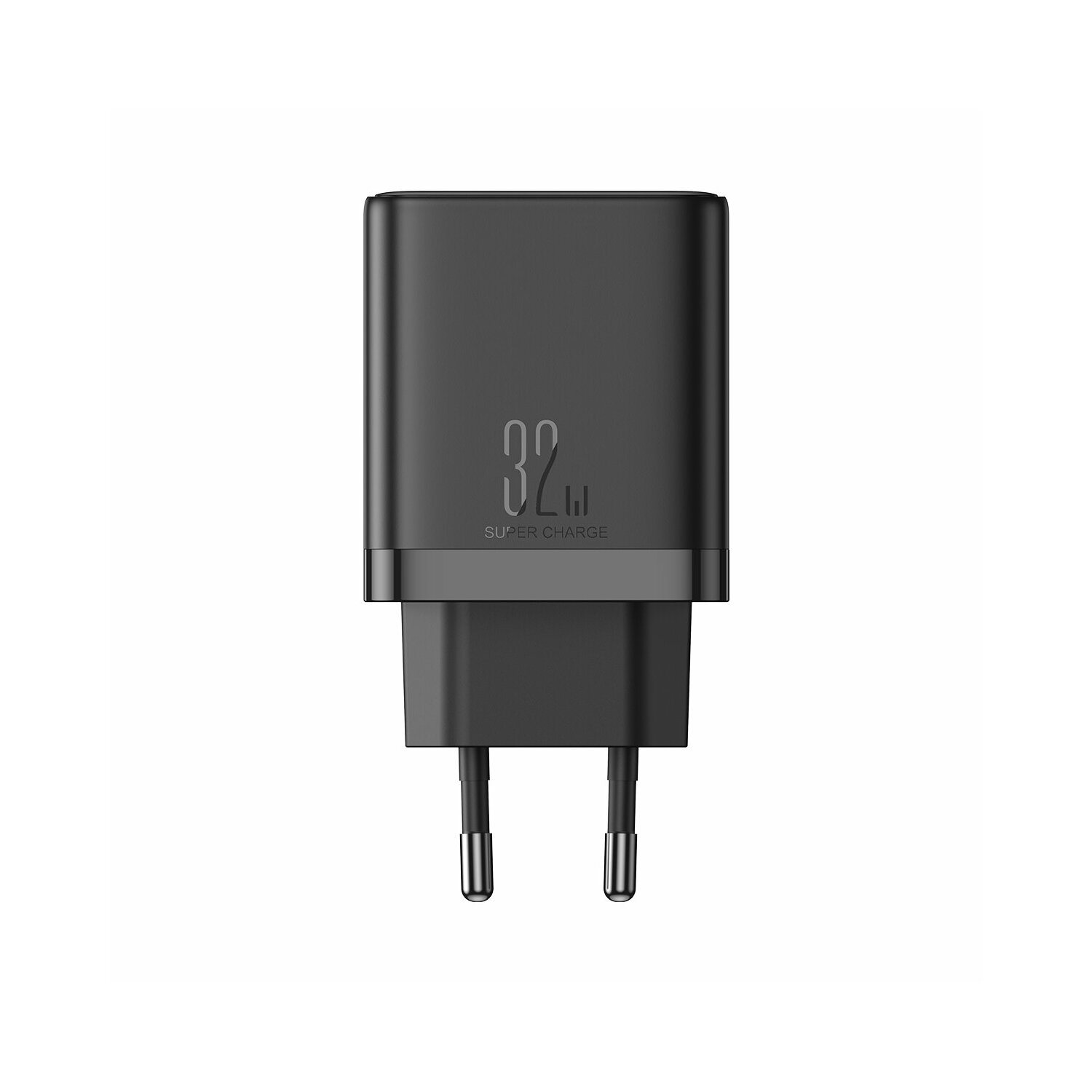 Schwarzes Ladegerät mit EU-Stecker. Es hat ein 32W Super Charge-Etikett.