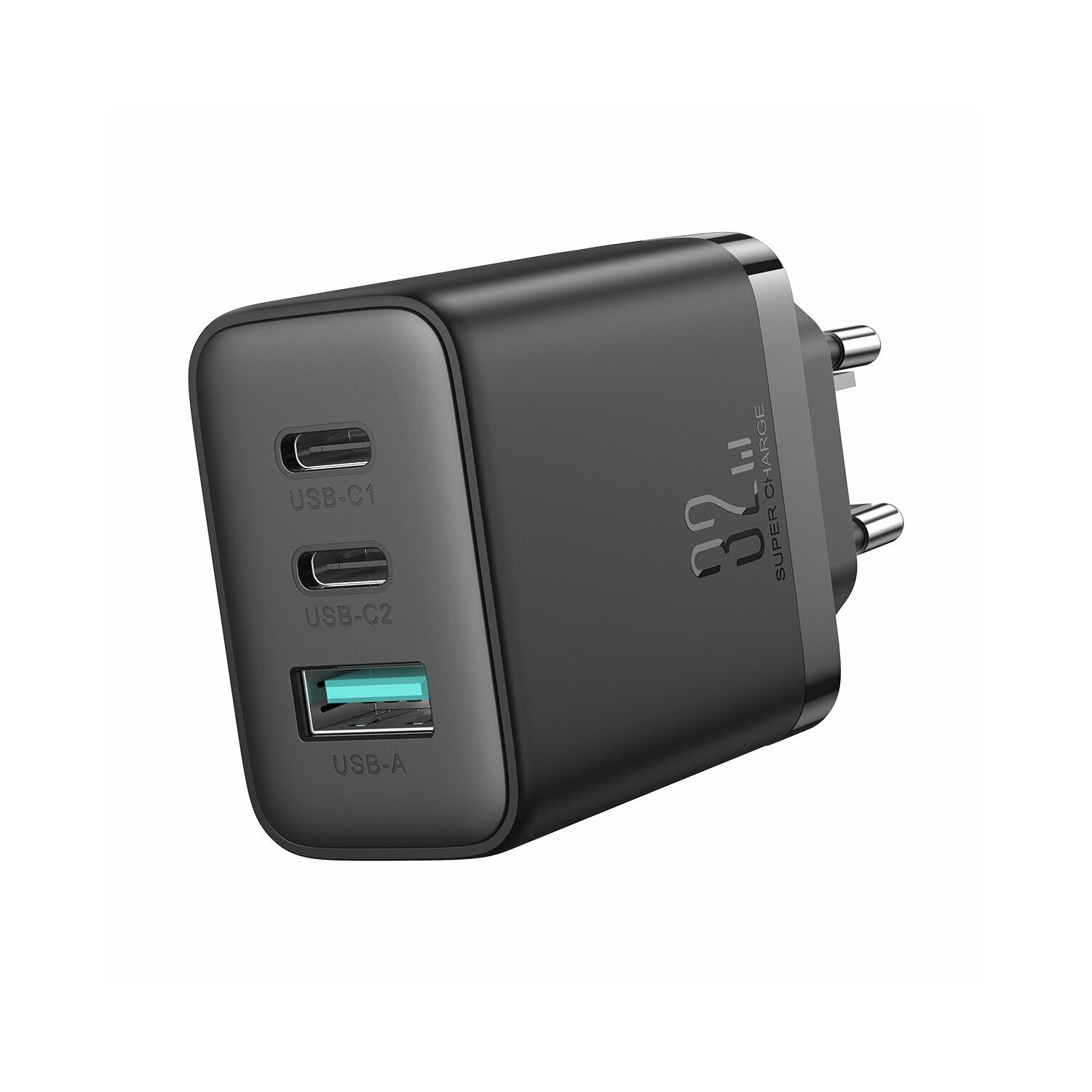 Ein schwarzes Ladegerät mit mehreren USB-Anschlüssen. Es ist mit 'Super Charge' beschriftet.