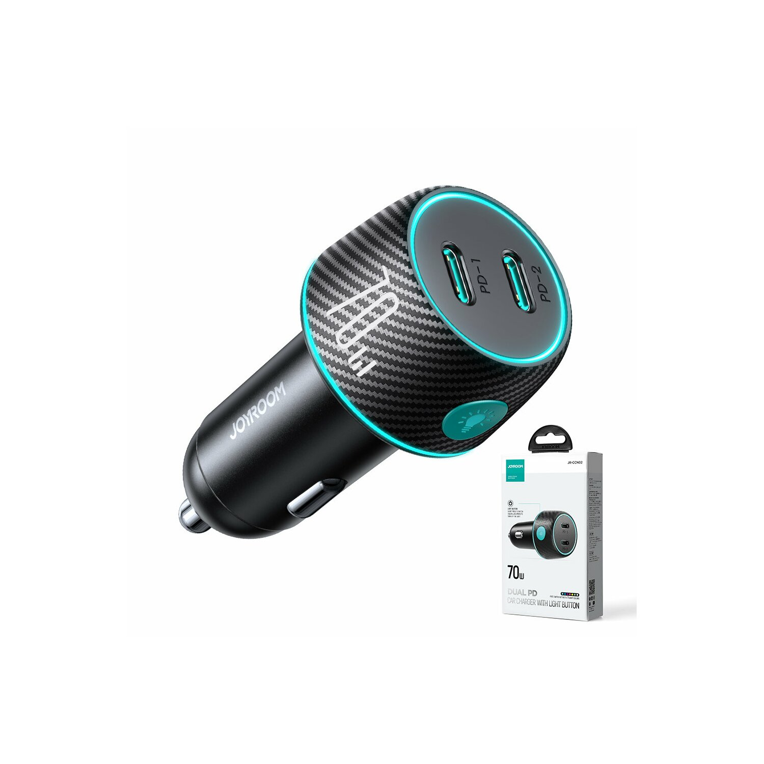 Czarna ładowarka samochodowa z dwoma portami USB i małym pudełkiem obok.