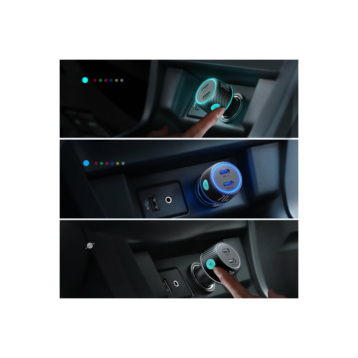 Ładowarka samochodowa z wieloma portami USB, podświetlana w różnych kolorach.