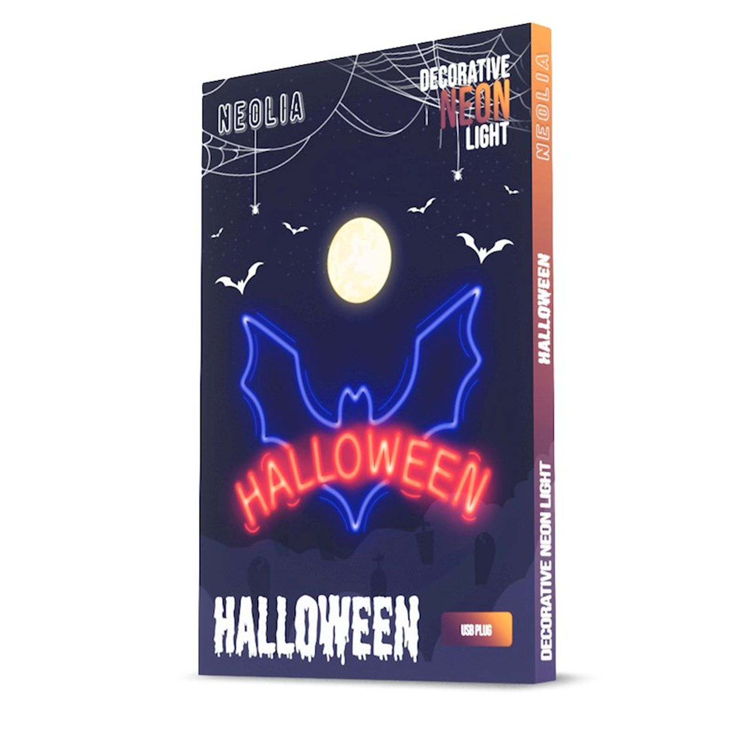 Neon-Halloween-Schild in einer Box. Es ist eine blaue Fledermaus mit rotem Text. Text: Halloween, USB-Stecker.