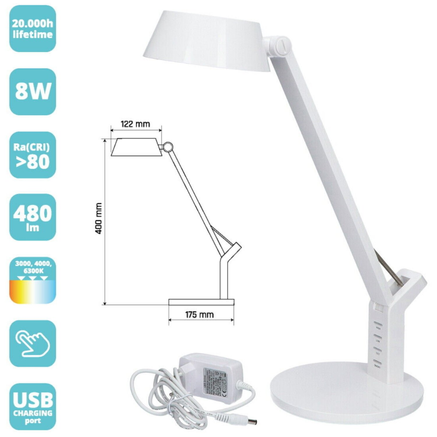 Weiße Schreibtischlampe mit Maßen und Spezifikationen, 8W, 480lm. USB-Ladeanschluss, Touch-Steuerung, Diagramme.