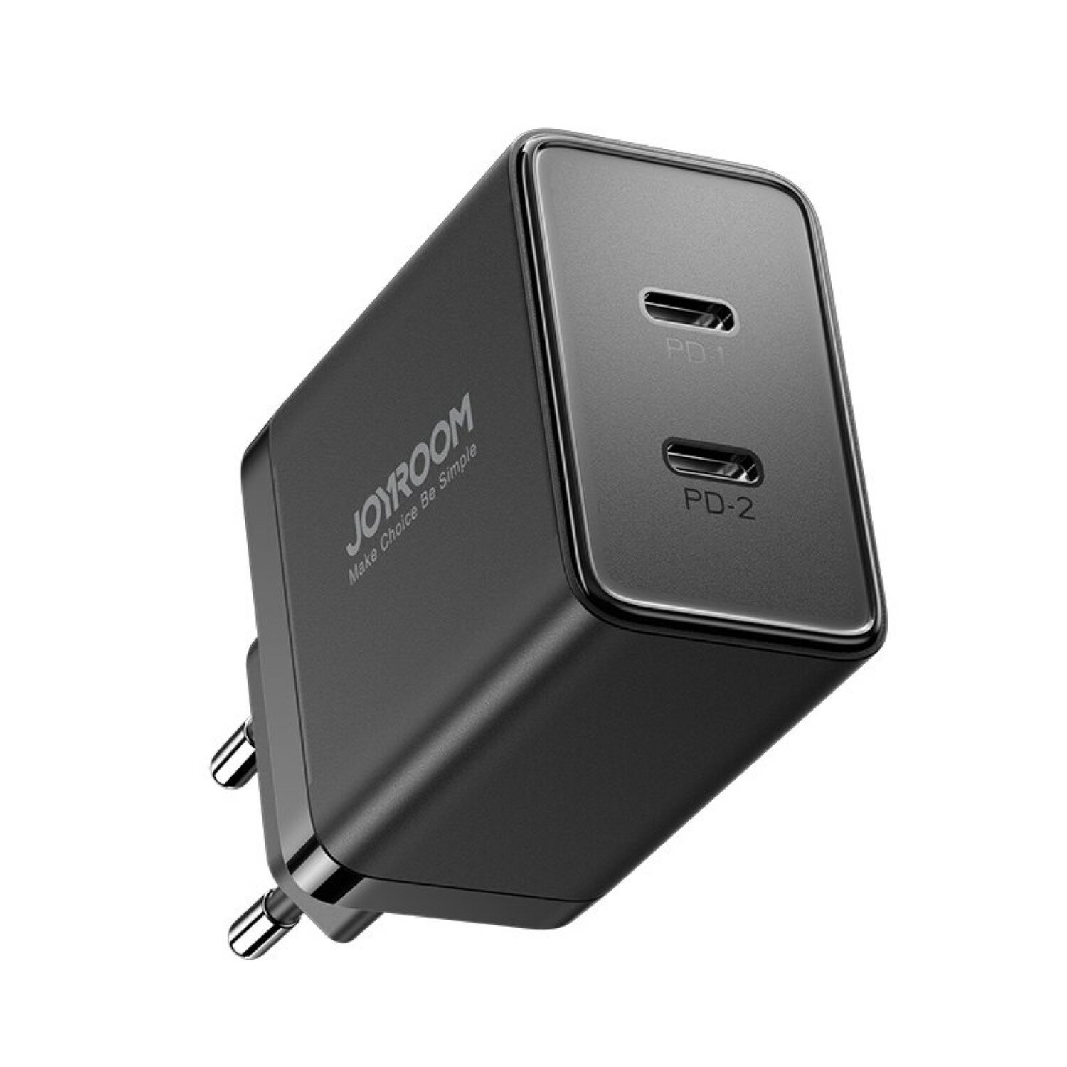 Ein schwarzes Ladegerät mit zwei USB-Anschlüssen. Text auf dem Ladegerät: Joyroom, Make Choice Be Simple.