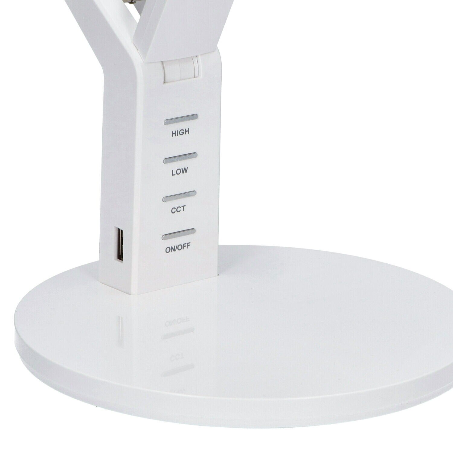 Weiße Schreibtischlampe mit Bedienfeld. High, Low, CCT und On/Off-Tasten. USB-Anschluss. Kreisförmiger Fuß.