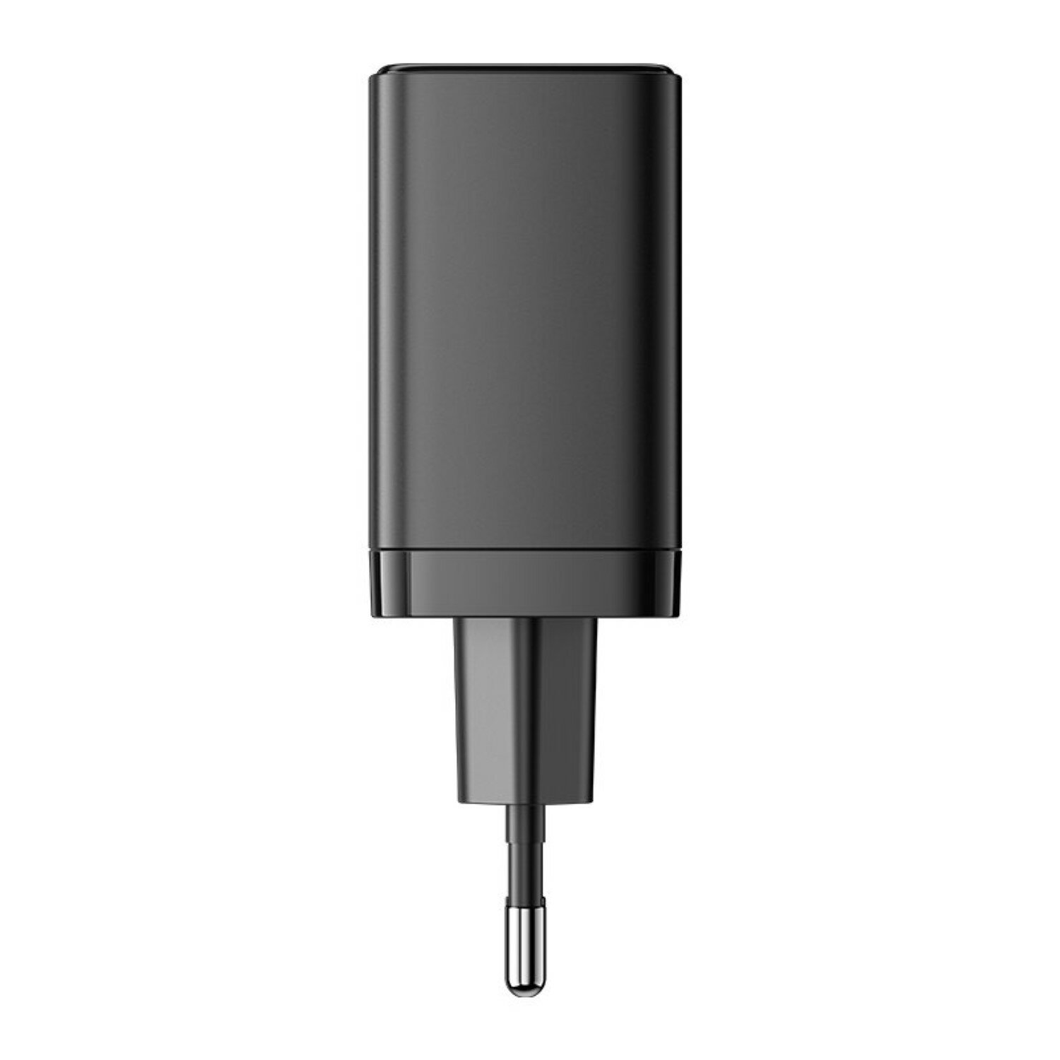 Schwarzes Telefonladegerät, der Stecker zeigt zum Betrachter.