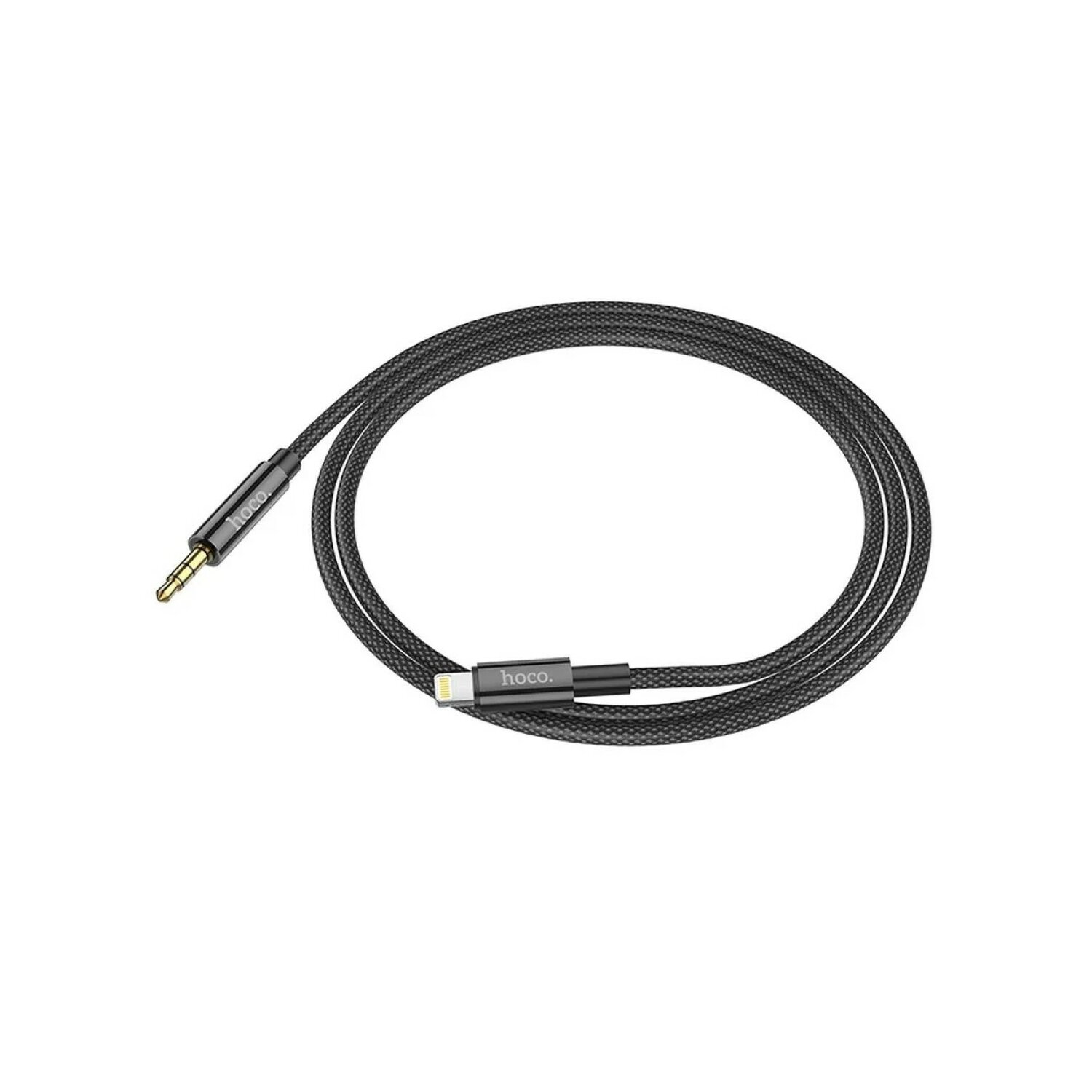 Schwarzes Audiokabel mit goldenem 3,5-mm-Klinkenstecker und Lightning-Anschluss.