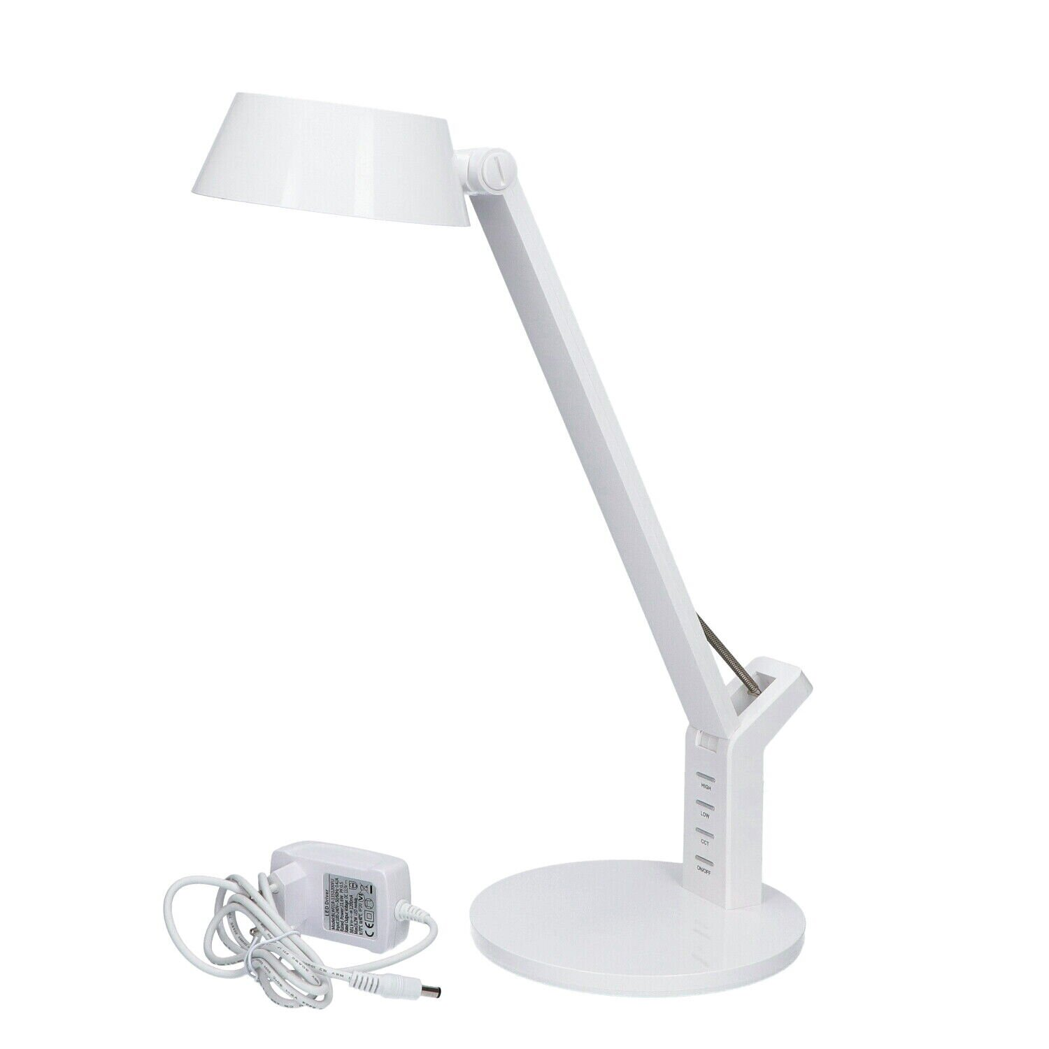 Eine weiße Schreibtischlampe mit weißem Sockel und Adapter mit Kabel.