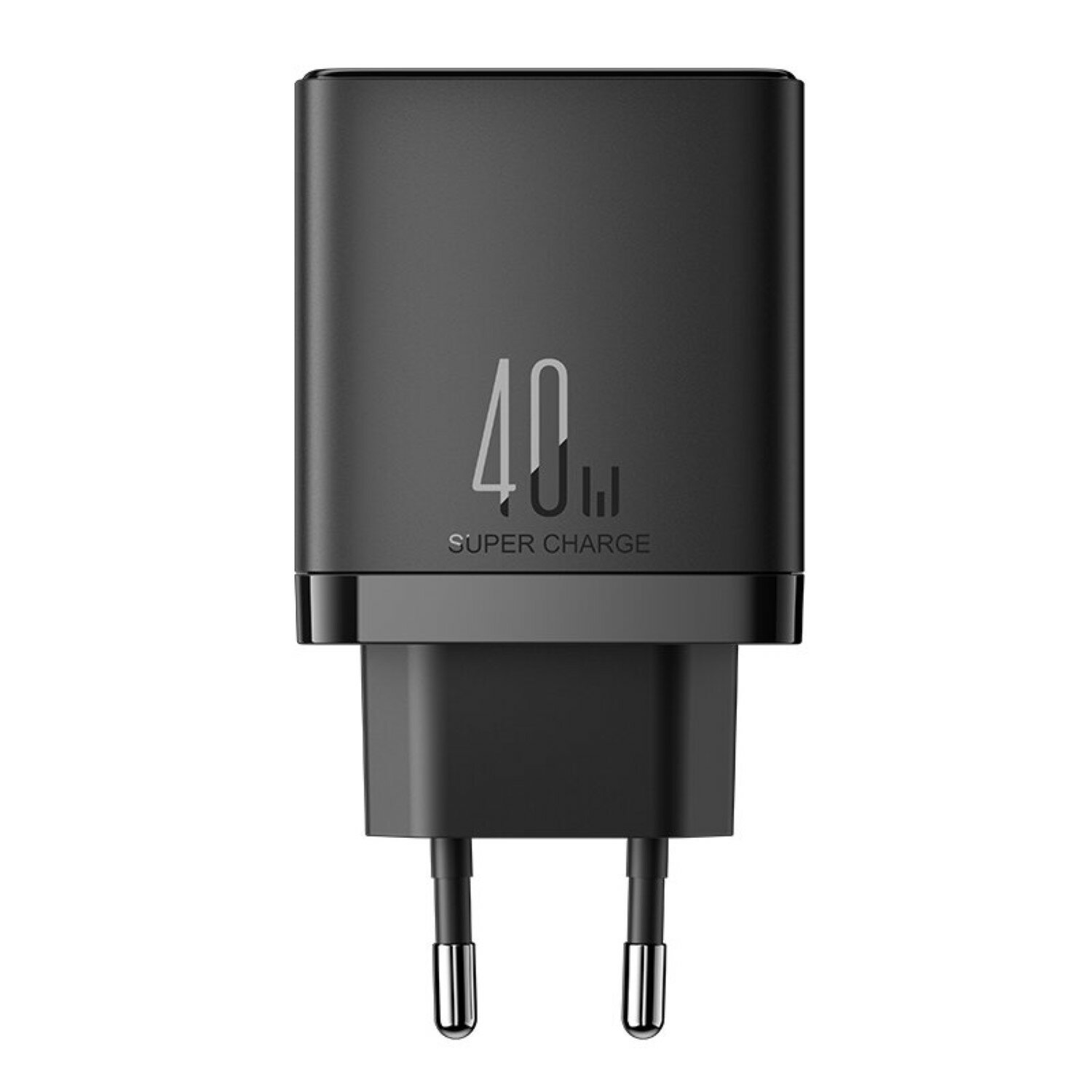Schwarzes 40-W-Ladegerät mit EU-Stecker. Das Ladegerät hat eine rechteckige Form und eine glatte Oberfläche.