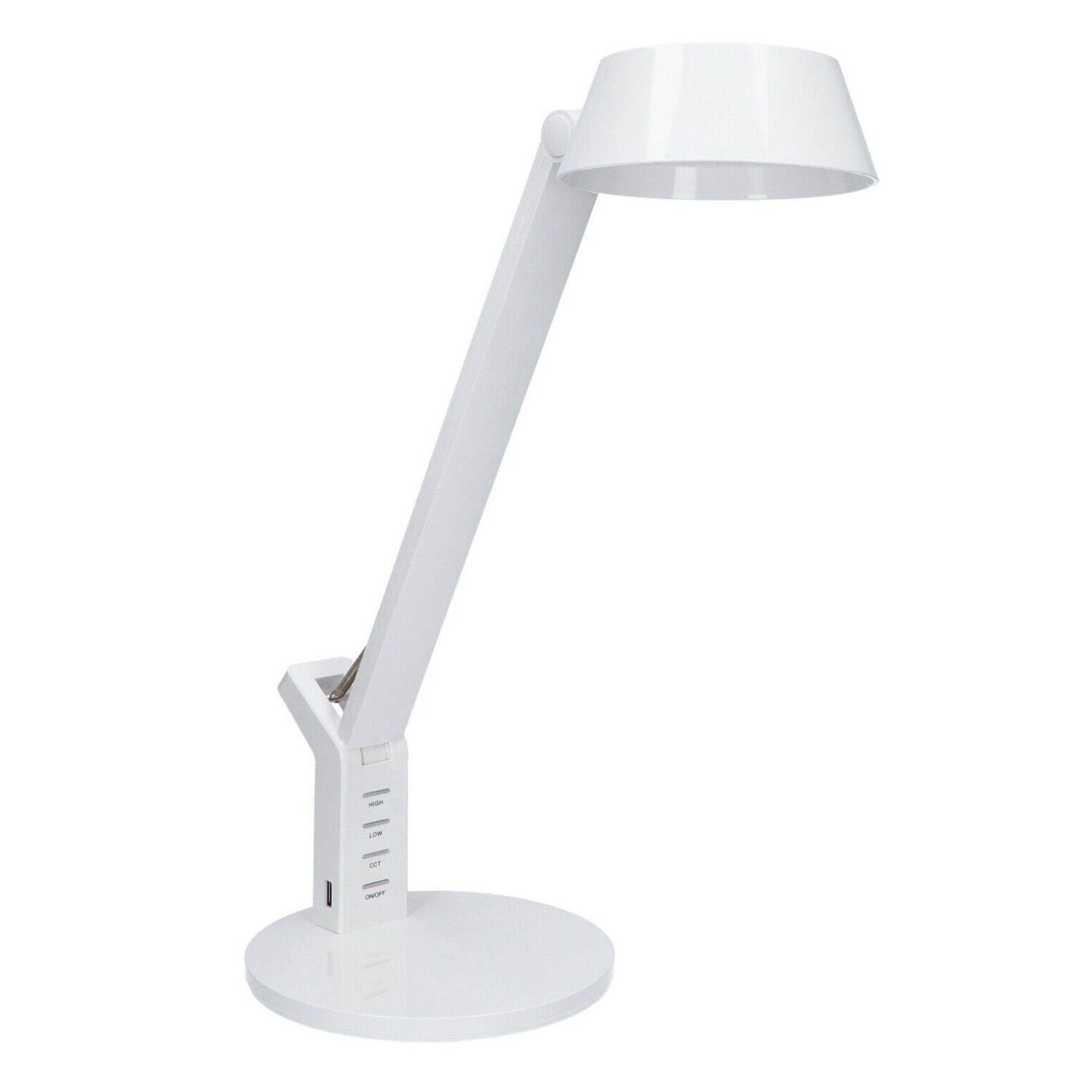 Weiße Schreibtischlampe mit verstellbarem Arm und kreisförmiger Basis, isoliert auf Weiß.