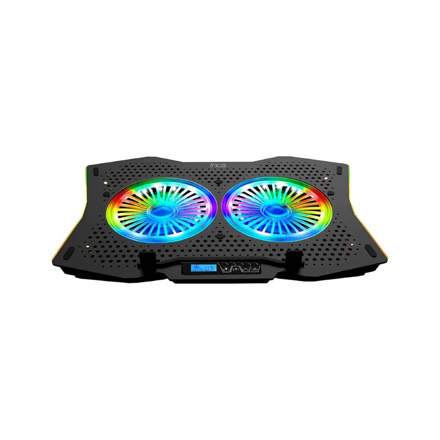 Ein schwarzer Laptop-Kühler mit zwei Lüftern und RGB-Beleuchtung. Inca-Logo ist sichtbar.