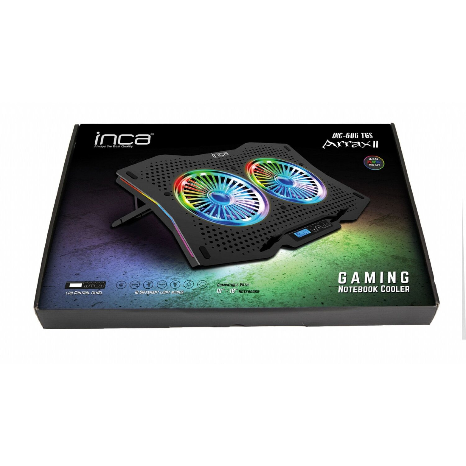 Ein schwarzer Gaming-Laptop-Kühler mit zwei Lüftern und LED-Leuchten. Die Box ist sichtbar.