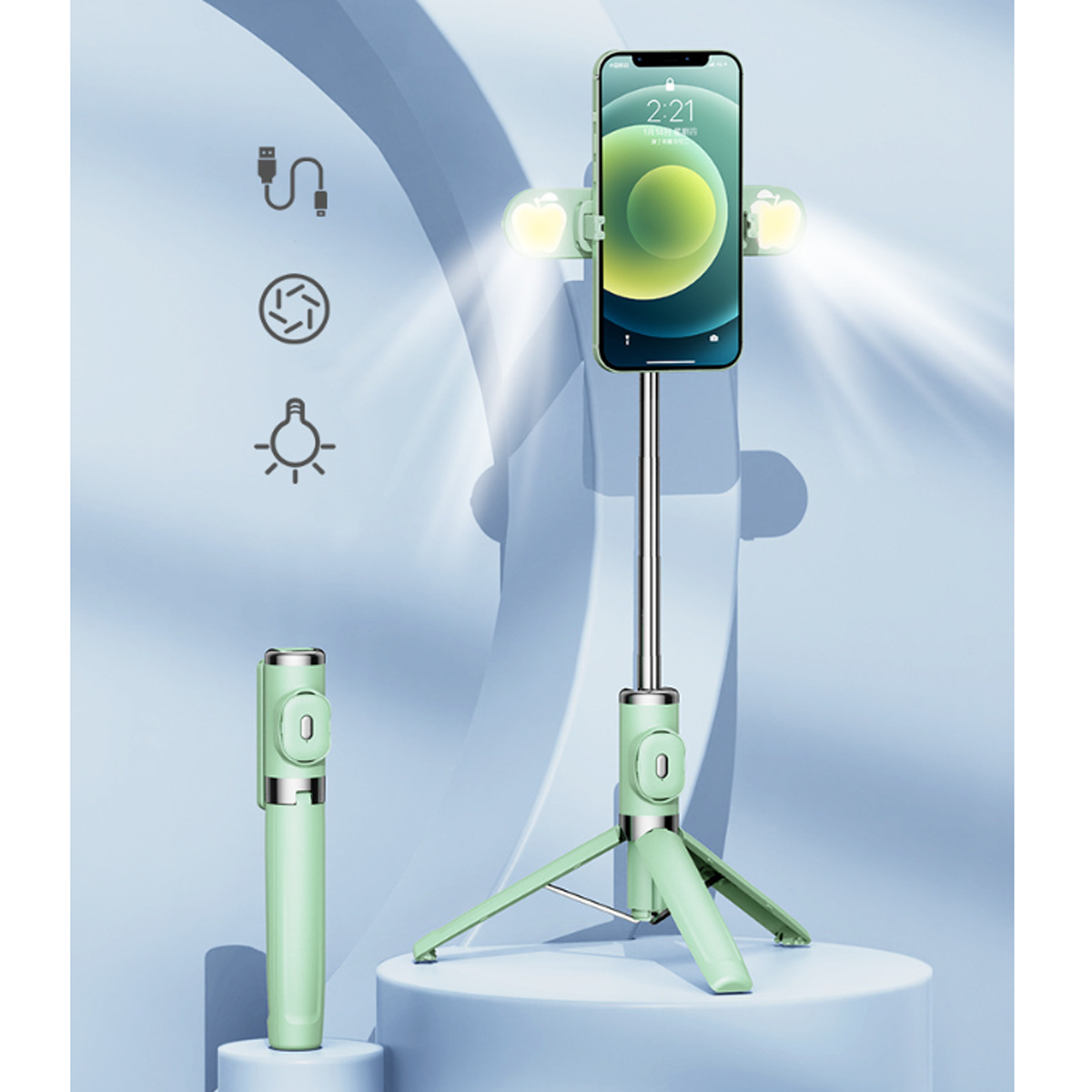 Fernbedienung Grün - komplementäre Multi-Funktion, ENBAOXIN Handy Stick Lichter Dual Halter Selbstauslöser, Bluetooth Selfie
