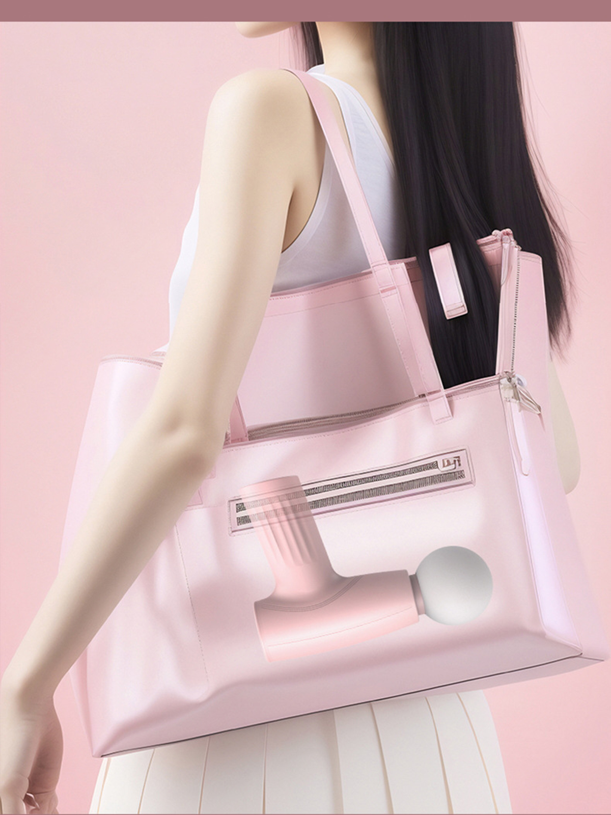 Rosa Handtasche mit Massagegerät darin. Eine Frau trägt ein weißes Oberteil, der Hintergrund ist rosa.