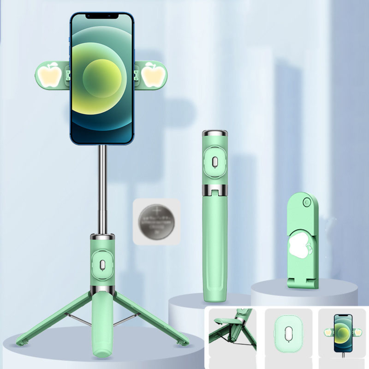 Grüner Selfie-Stick mit Telefon und Lichtern, plus Zubehör und Telefondetails.