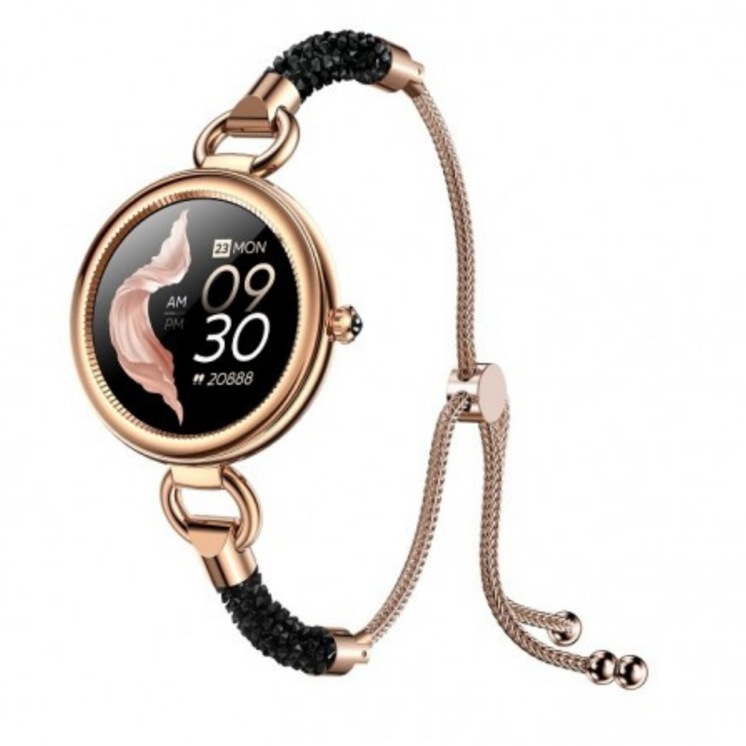 Roségoldene Smartwatch mit schwarzem Armband und pink-goldenem Display. Mit Armband im Kettenstil.