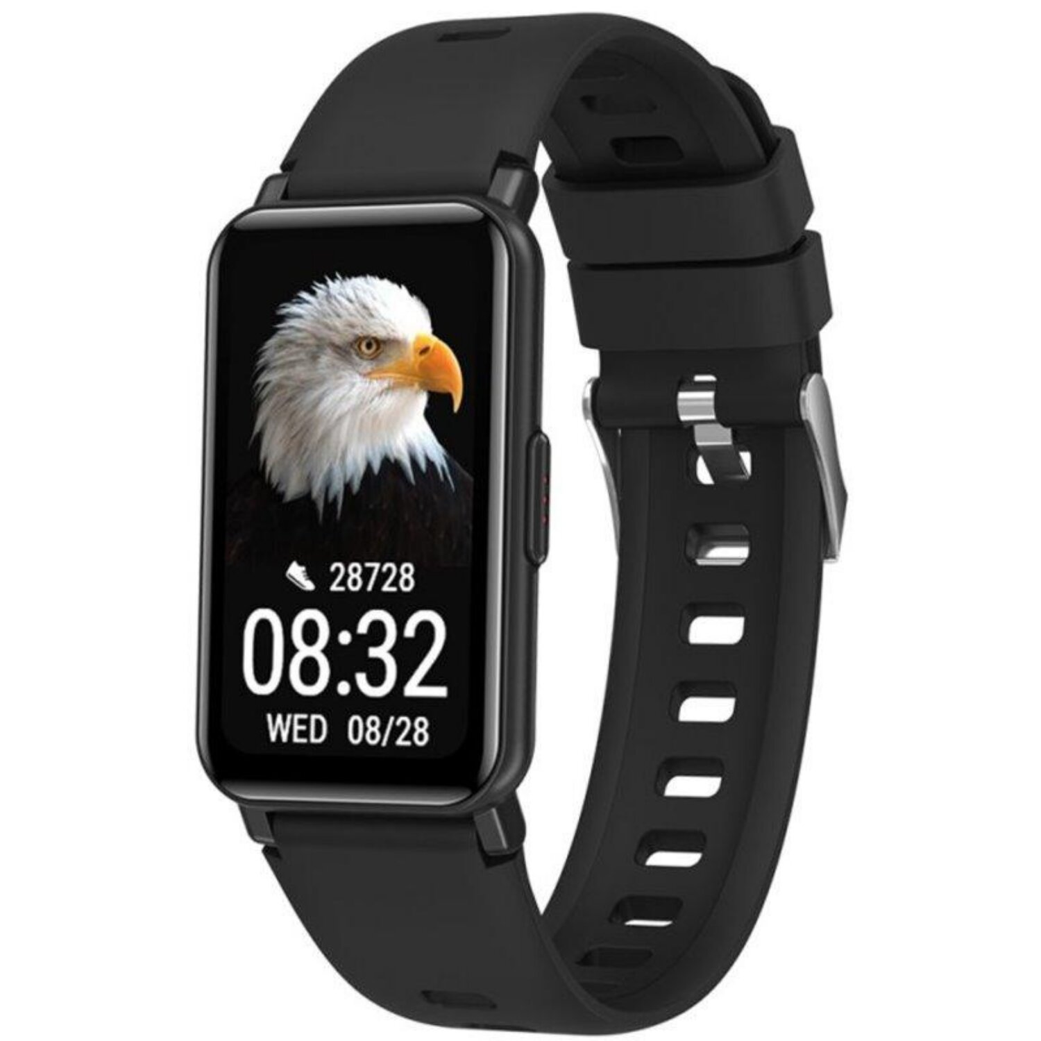 Uno smartwatch nero con cinturino nero. Lo schermo mostra l'ora e l'immagine di un'aquila.