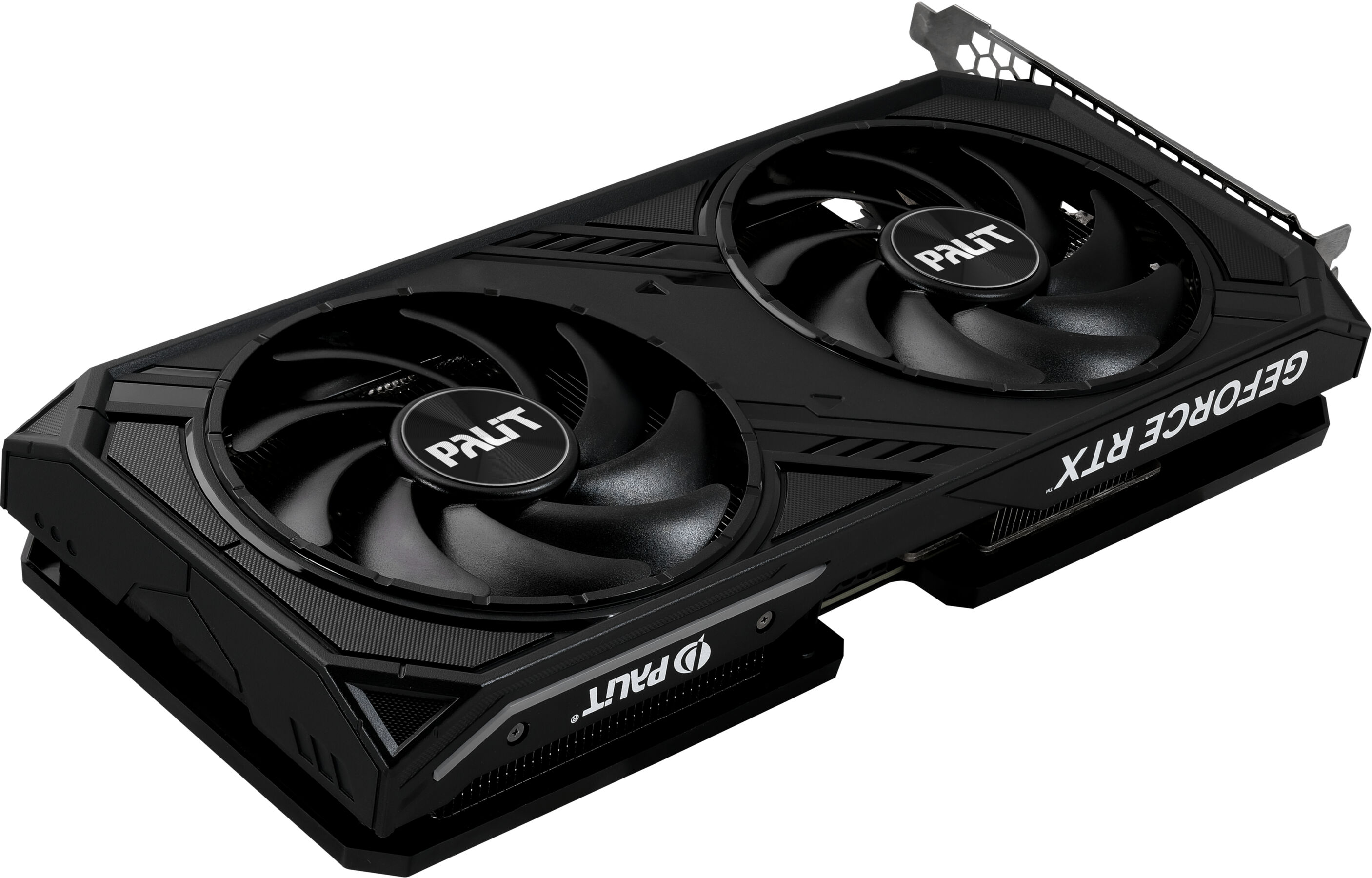 Scheda grafica Palit GeForce RTX nera con due ventole. La scheda è angolata.