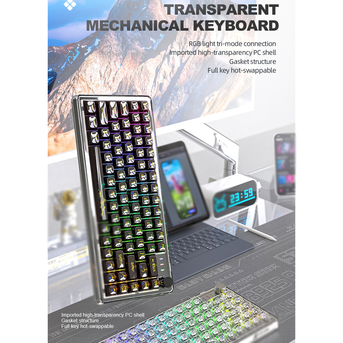 Transparente mechanische Tastatur mit RGB-Beleuchtung, eine Digitaluhr und ein Tablet im Hintergrund.