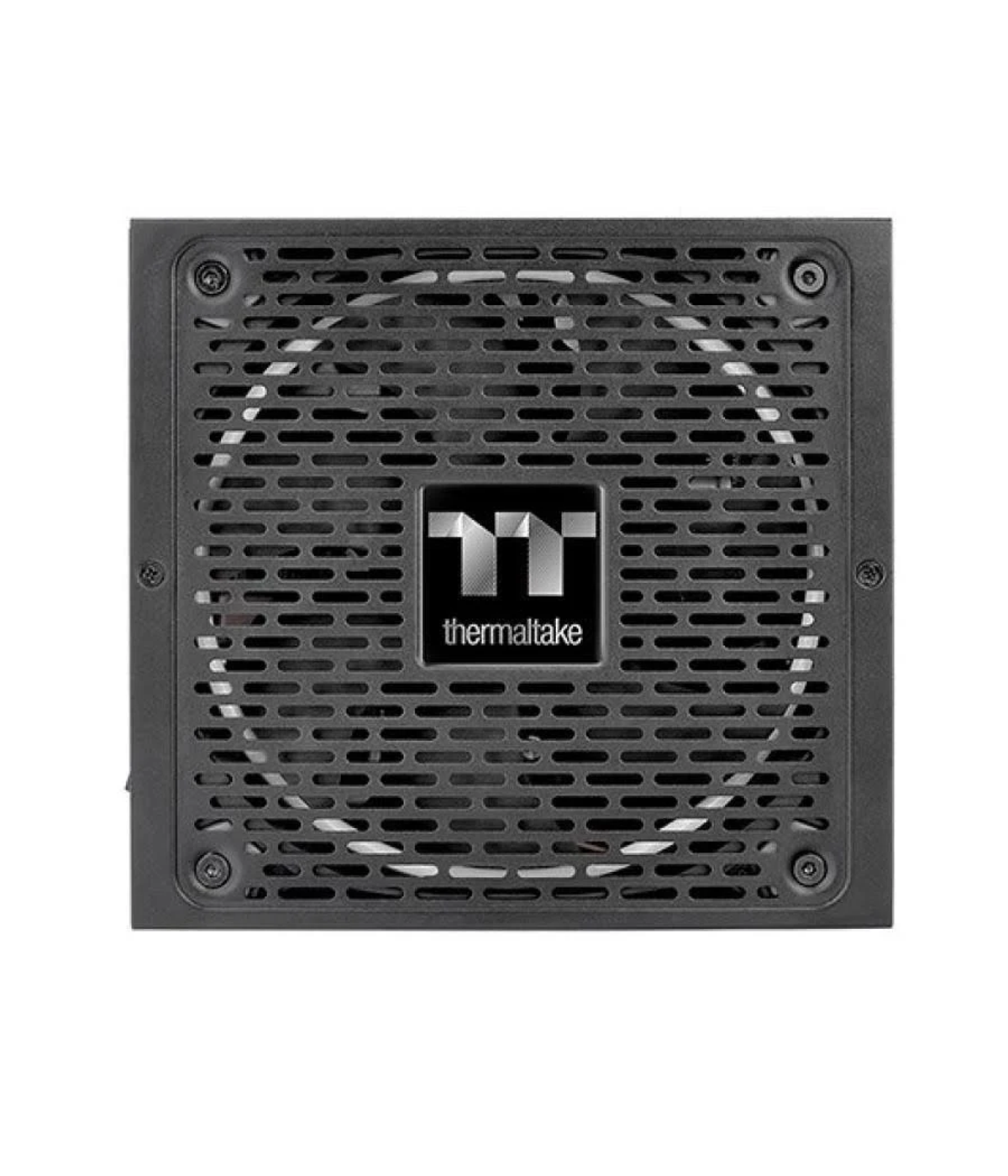 Czarny zasilacz komputerowy Thermaltake. Ma kratkę i wentylator.