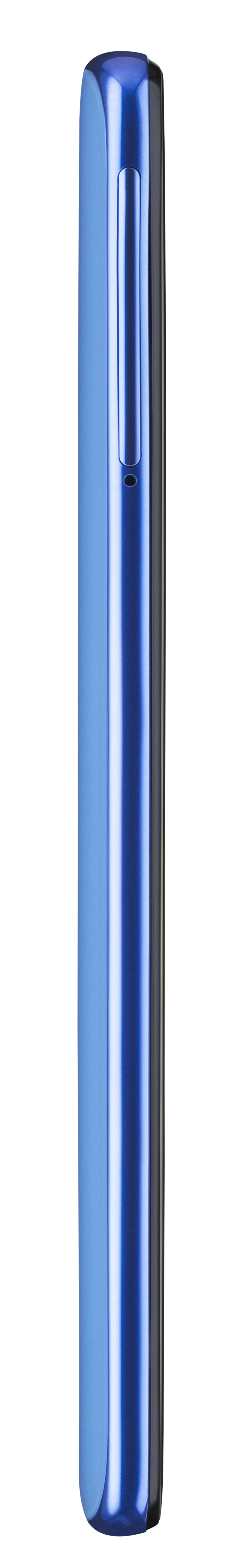 Niebieski smartfon, widok z boku. Ma gładkie, błyszczące wykończenie i gniazdo karty SIM.