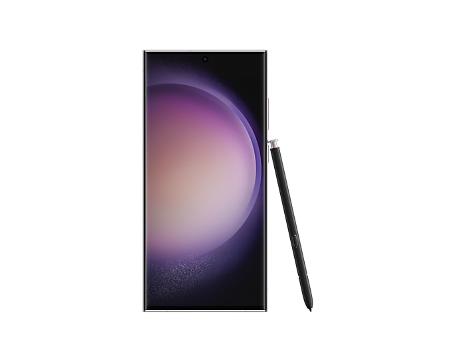 Czarny telefon Samsung z rysikiem. Białe tło.
