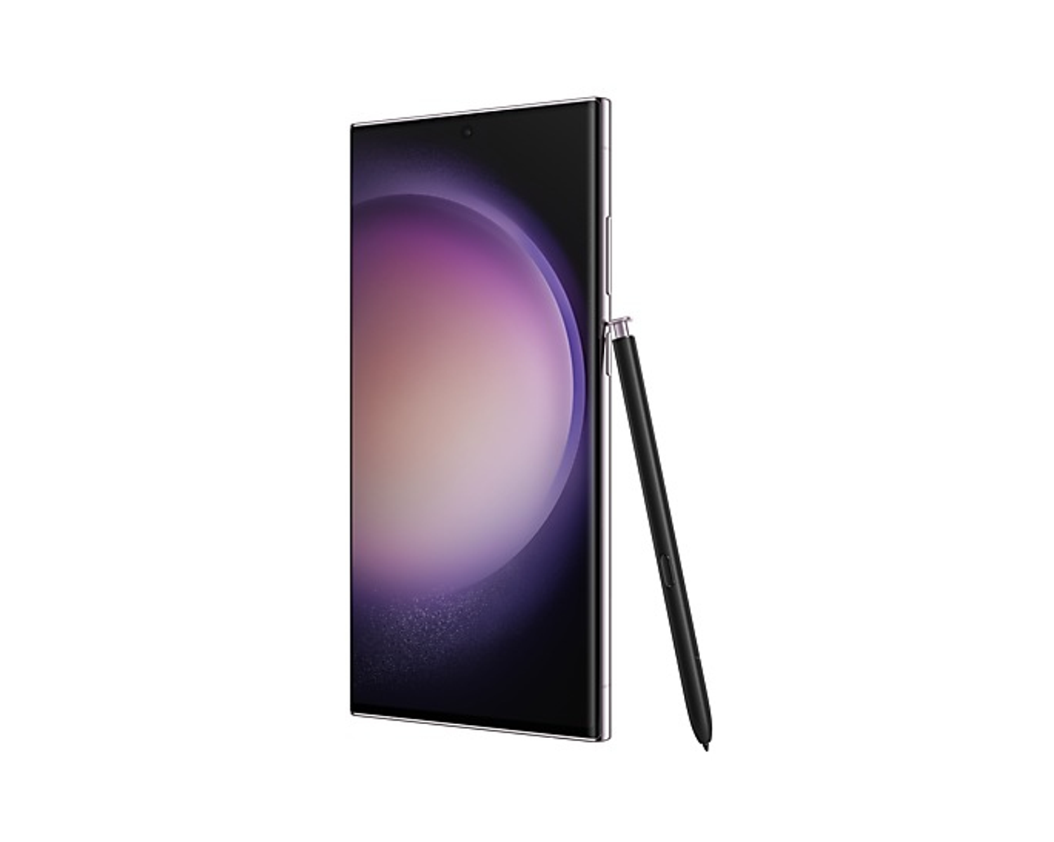 Fioletowy telefon Samsung Galaxy z czarnym rysikiem i fioletowym tłem.
