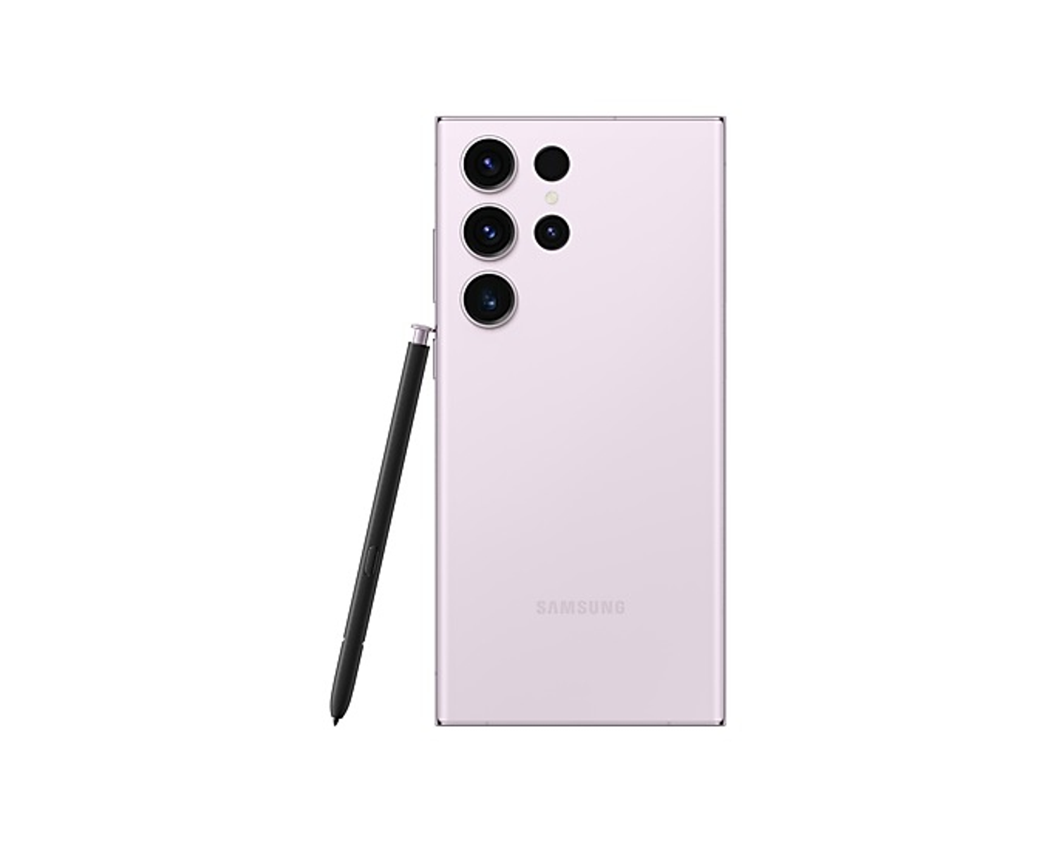 Jasnofioletowy telefon Samsung, z rysikiem i wieloma aparatami. Telefon jest na białym tle.