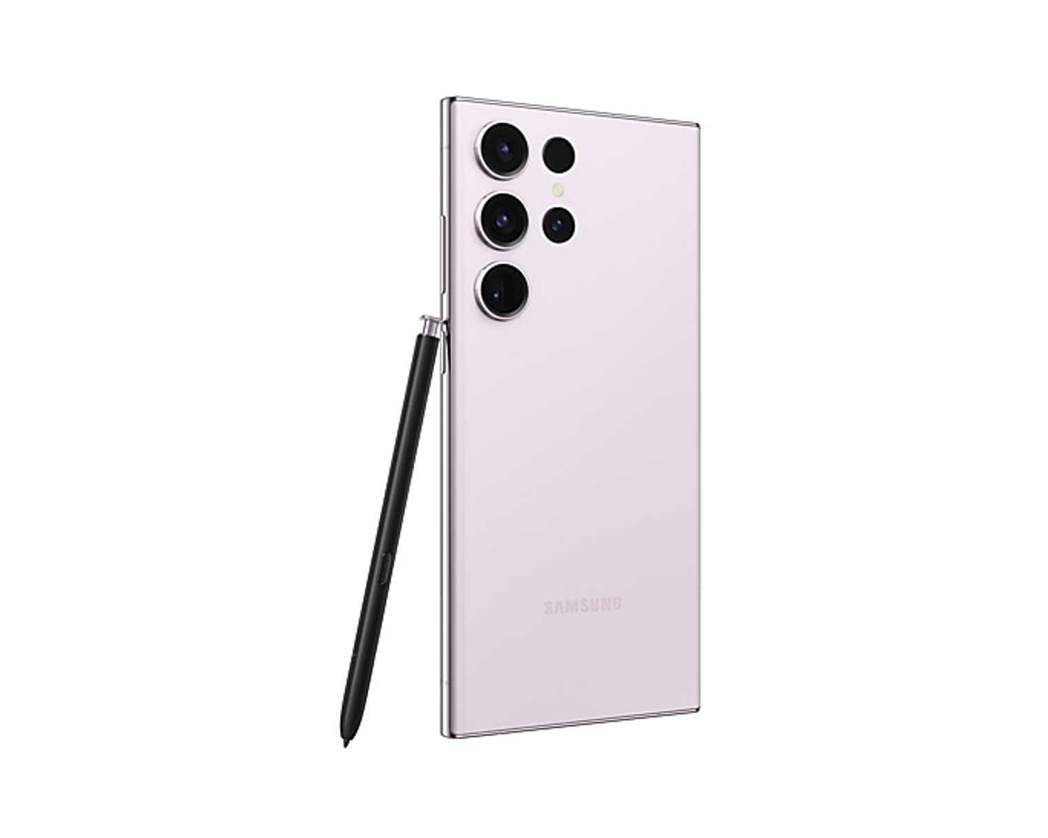Fioletowy telefon z trzema tylnymi aparatami i rysikiem, na białej powierzchni.