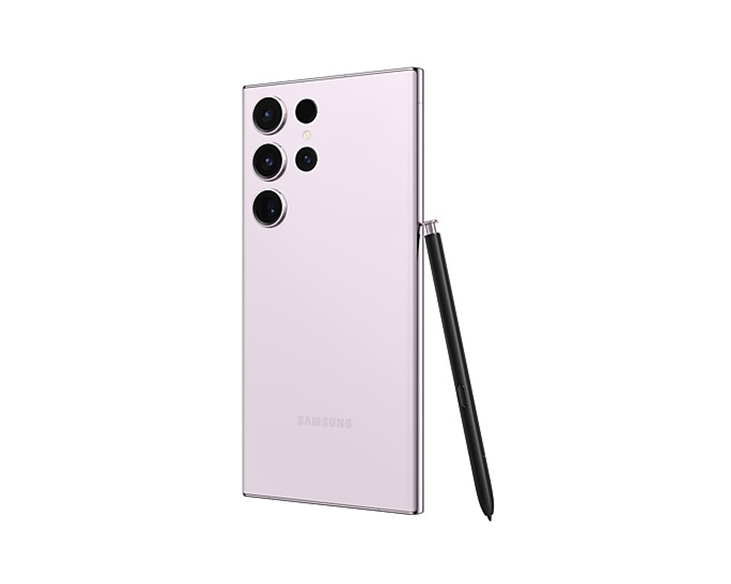 Jasnofioletowy telefon Samsung z kamerami i czarnym rysikiem, na białym tle.
