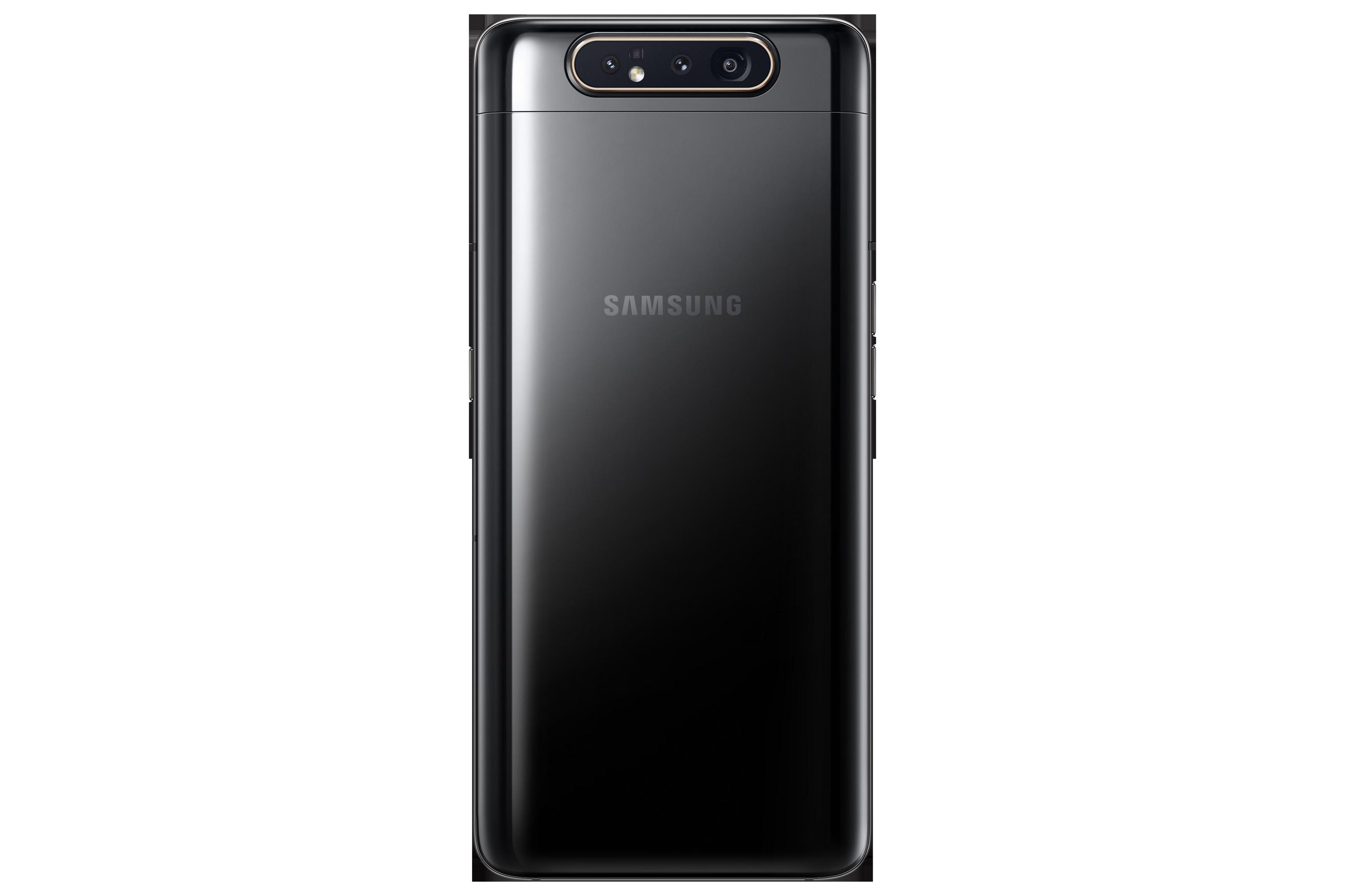 Die Rückseite eines schwarzen Samsung-Telefons mit drei Kameralinsen und dem Samsung-Logo.