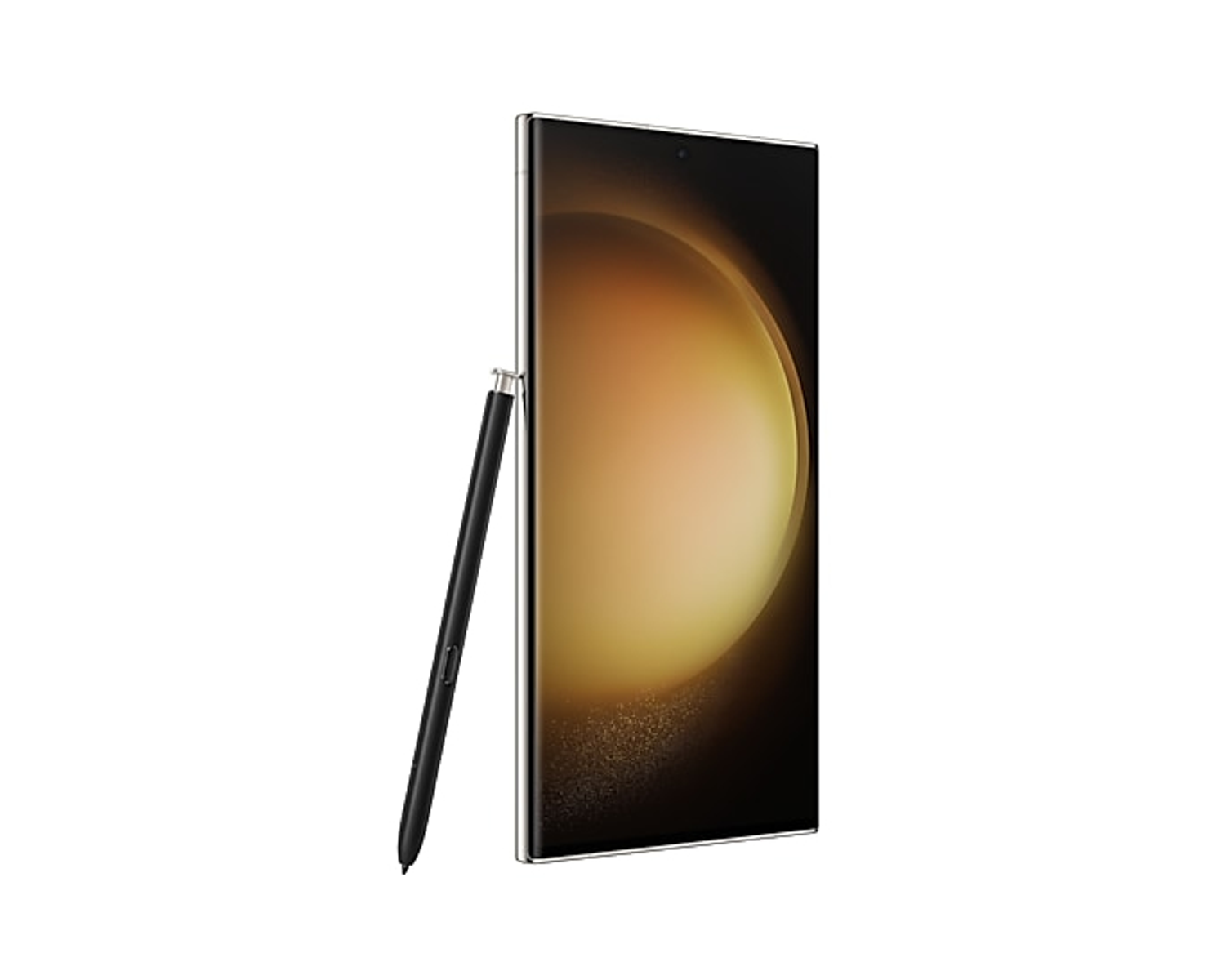 Ein schwarzes Telefon mit Stift auf weißem Hintergrund, schräg gestellt.
