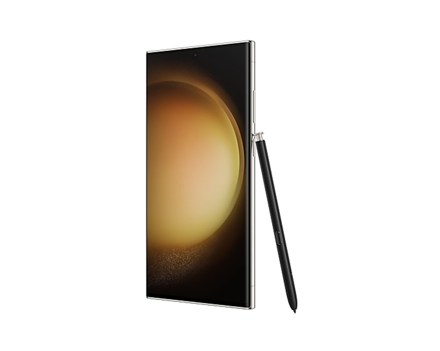 Czarny smartfon z rysikiem. Telefon stoi na białym tle.