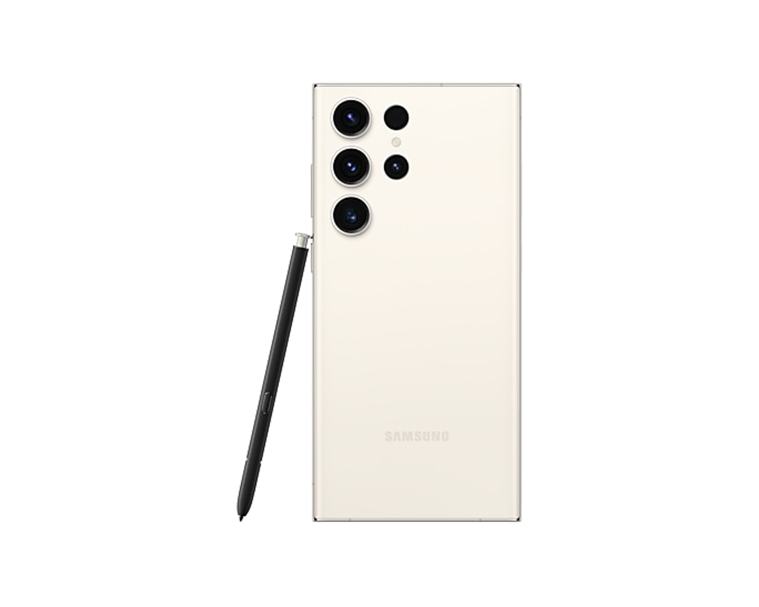 Biały telefon Samsung z wieloma tylnymi aparatami. Telefon ma czarny rysik.