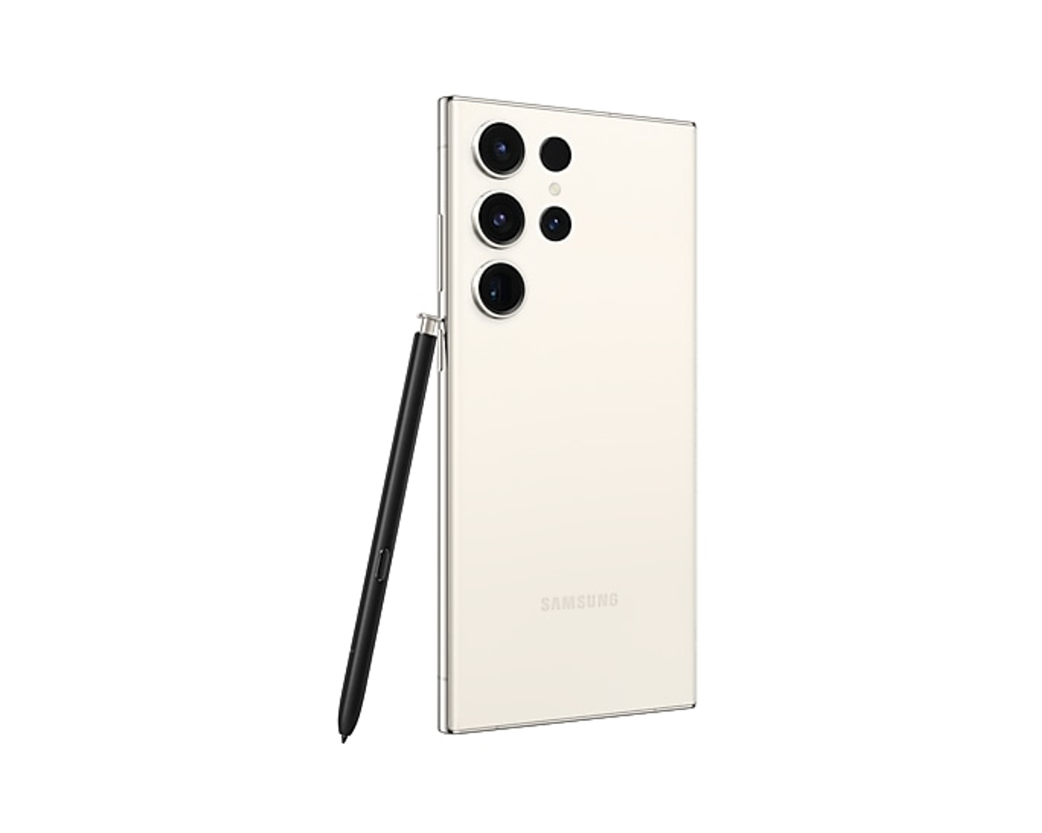 Biały telefon z rysikiem. Ma trzy aparaty i napis 'Samsung'.