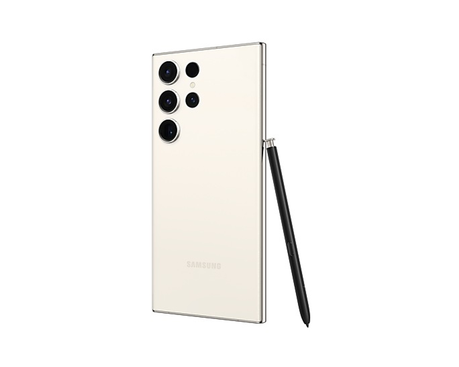 Weißes Samsung-Handy mit mehreren Rückkameras und schwarzem Stift.