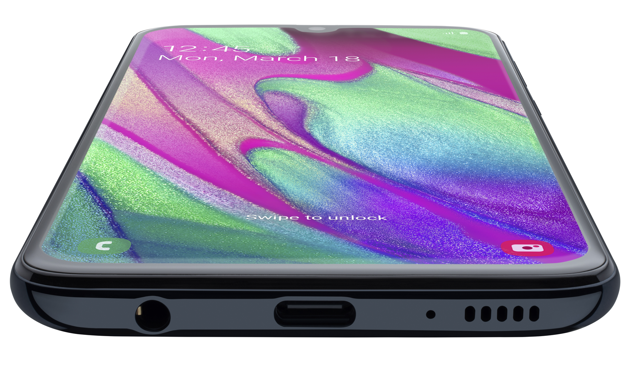 Czarny smartfon Samsung, widok z perspektywy, wyświetla kolorowy ekran blokady na białym tle.