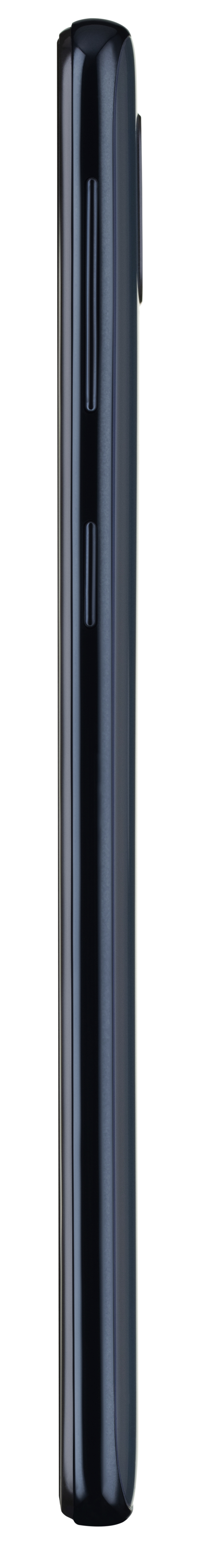 Widok z boku czarnego smartfona z przyciskami. Telefon jest na białym tle.