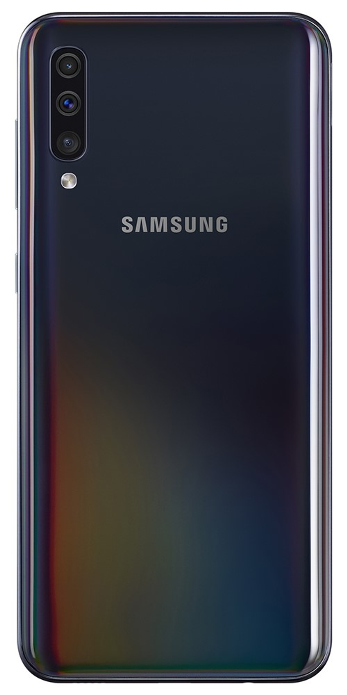 Czarny telefon Samsung z wieloma aparatami. Tył ma efekt gradientu. Widoczne logo Samsung.