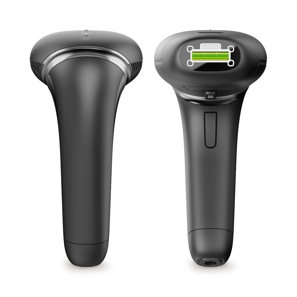 Deux rasoirs électriques noirs. L'un montre l'avant, l'autre l'indicateur de batterie.