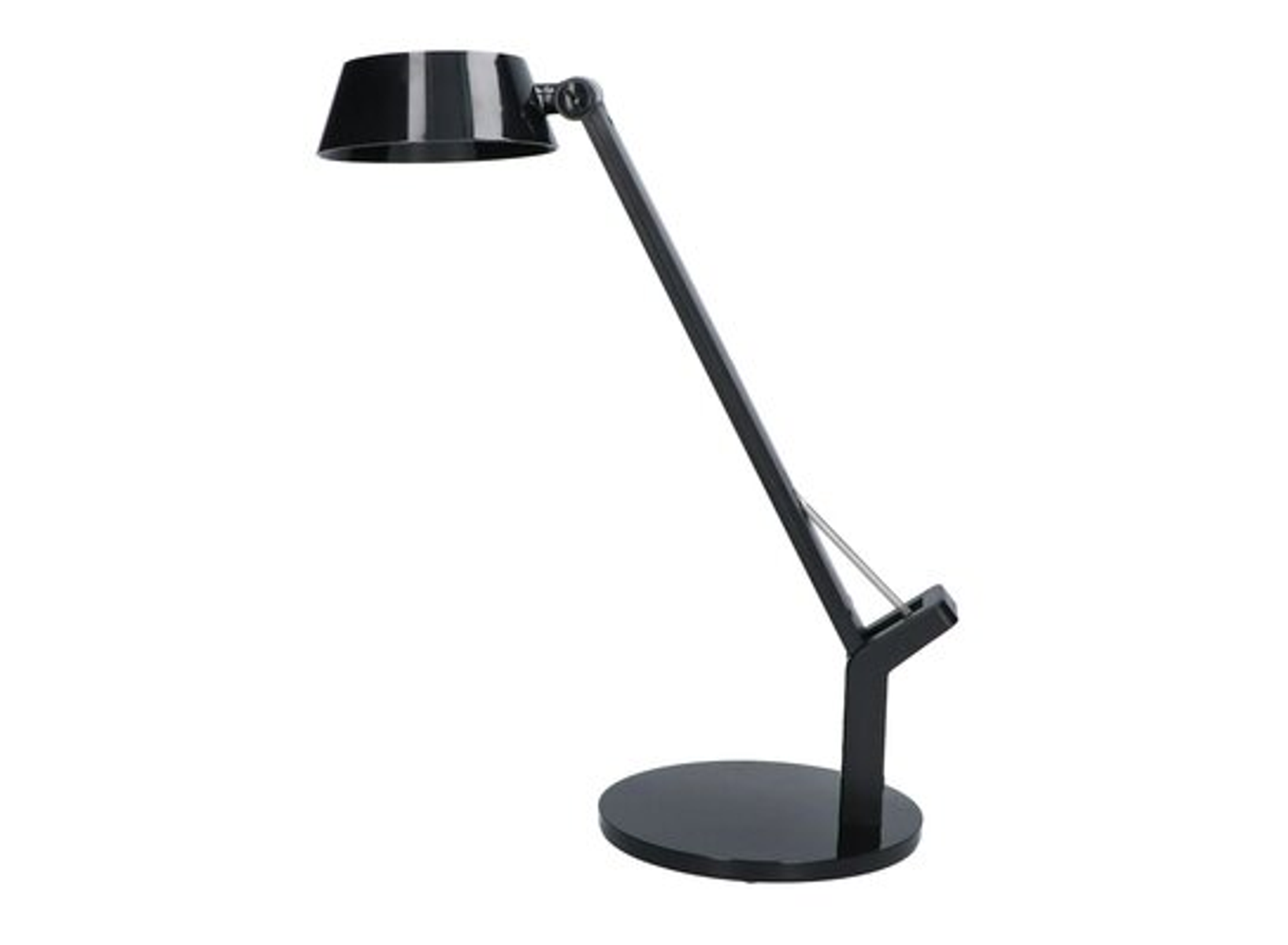 Schwarze Schreibtischlampe mit rundem Fuß und verstellbarem Arm. Der Lampenschirm ist schwarz.