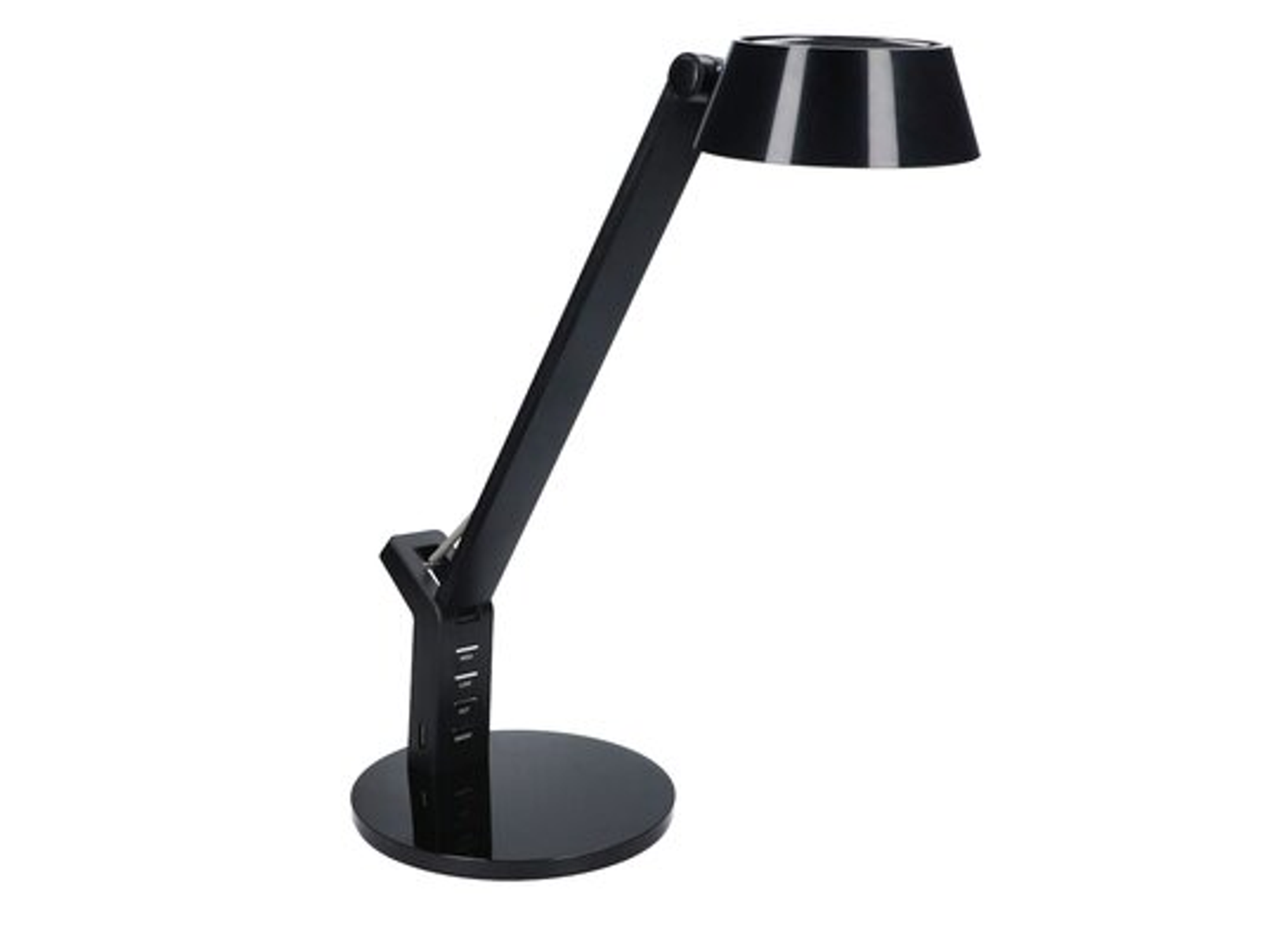 Schwarze Schreibtischlampe mit rundem Fuß, flexiblem Arm und Lampenkopf.